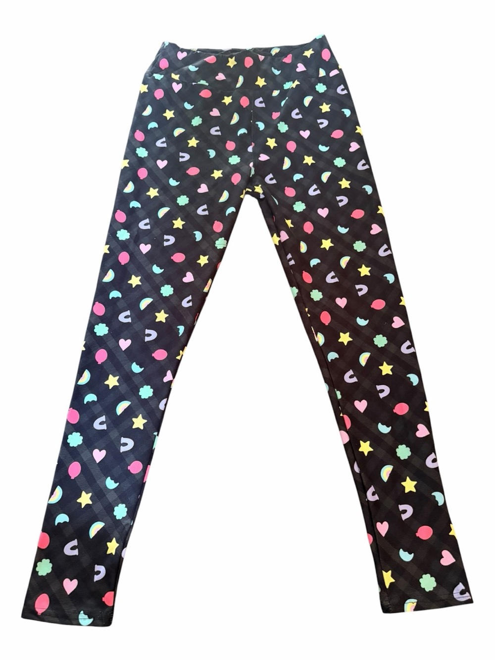 Amelia Rose One Size Super Soft Leggings Black Plaid Rainbow Hearts Stars - Picture 3 of 6